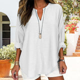 V-neck Plain Long Sleeve Linen Casual Shirt Blouse
