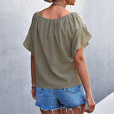 Asymmetrical Neck Ruffle Short Sleeve Solid Color Tie Knot Front Blouse