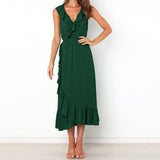 Women Solid Sleeveless Ruched Frill Ruffles Maxi V-Neck Dress