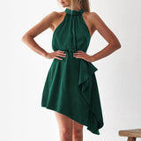 Women Tie Back Asymmetrical Hem Halter Satin Dress