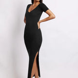 Women's Ribbed Crew Neck Solid Color Short Sleeve Tight Slit Long Dress