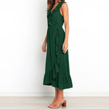 Women Solid Sleeveless Ruched Frill Ruffles Maxi V-Neck Dress