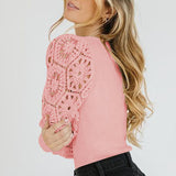Women's Solid Color Long Cutout Lace Sleeves Crew Neck Shirt Top