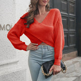 Women Cross Wrap Front V Neck Long Sleeve Sweaters