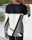 Geometric Print Patchwork Crew Neck Long Sleeve T Shirt