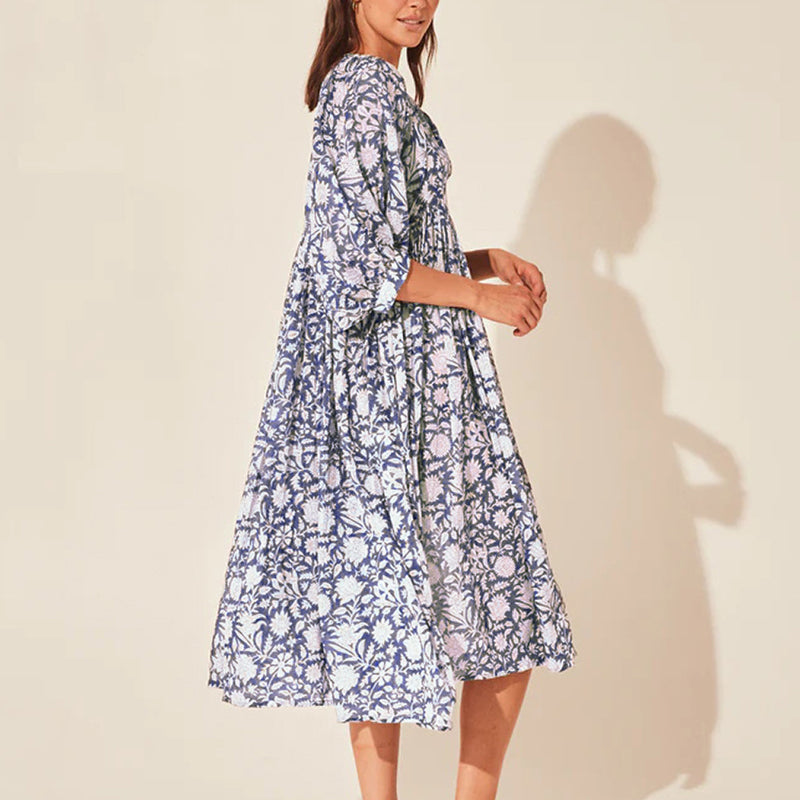 Women's Floral String Puff Sleeve Loose Midi Dress