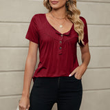 Women's Button Pleated Round Neck Short Sleeve Curved Hem Plain Henley Shirt Tunic Top