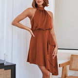 Women Tie Back Asymmetrical Hem Halter Satin Dress