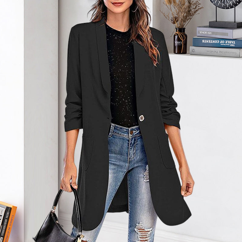 Women's 3/4 Sleeve Lapel Mid-length One Button Pocket Solid Blazer