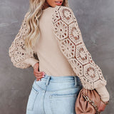 Women's Solid Color Long Cutout Lace Sleeves Crew Neck Shirt Top