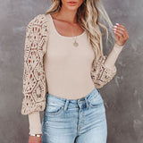 Women's Solid Color Long Cutout Lace Sleeves Crew Neck Shirt Top