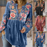 Women's V Neck Tie Front Gathered Floral Long Sleeve Velvet Tunic Blouse