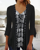Plaid Print Pleated V-neck Fake Two-Piece 3/4 Sleeve T-Shirt