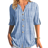 Striped Button Middle Sleeve Casual V Neck Shirt Blouse