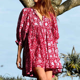 Women's Floral String Puff Sleeve Loose Mini Dress