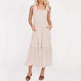 Women Plain Tie Shoulder Ruffle Hem Maxi Dress