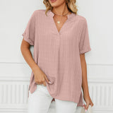 Women Loose Split V-Neck Flowy Plain Short Sleeve