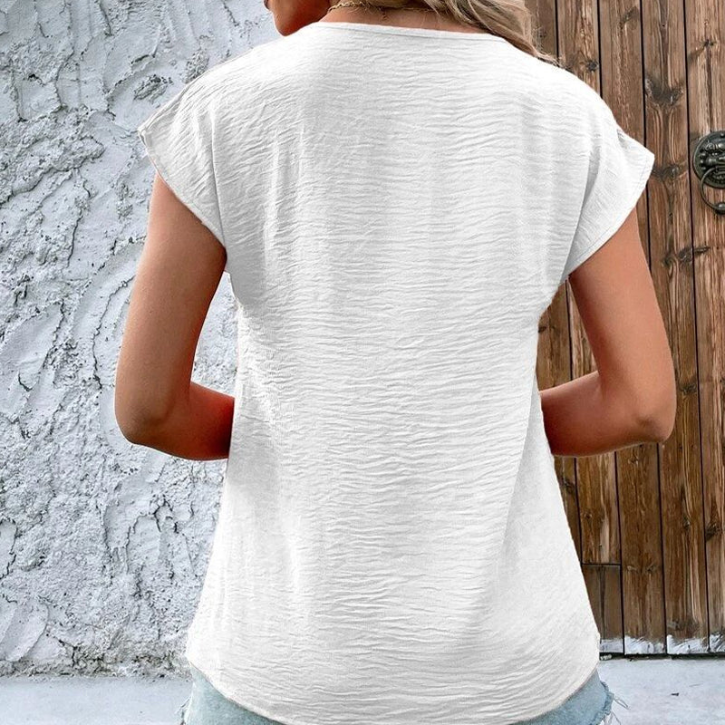 Women V-neck Button Front Solid Short Sleeve Blouse