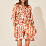 Women's Floral String Puff Sleeve Loose Mini Dress