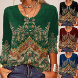 Women Floral Geometric Button Solid Color Long Sleeve T-Shirt