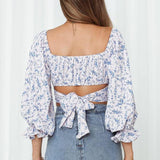 Women's Off Shoulder Floral Print Strappy Crop Top Shirt