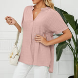 Women Loose Split V-Neck Flowy Plain Short Sleeve