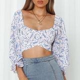 Women's Off Shoulder Floral Print Strappy Crop Top Shirt