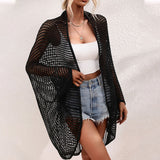 Women Beach Cover-up Open Solid Front Hollow-out Cardigan