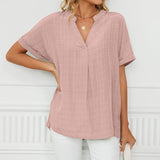 Women Loose Split V-Neck Flowy Plain Short Sleeve