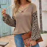 V-Neck Knit Tie-Front Leopard Print Pullover Sweater