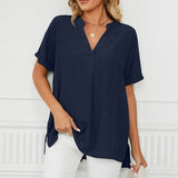 Women Loose Split V-Neck Flowy Plain Short Sleeve