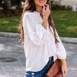 Women's Notched V Neck Lantern Sleeve Plain Blouse