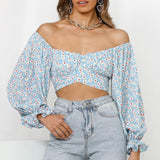 Women's Off Shoulder Floral Print Strappy Crop Top Shirt