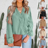 Women Chiffon Pom Pom Lace Patchwork V Neck Blouse