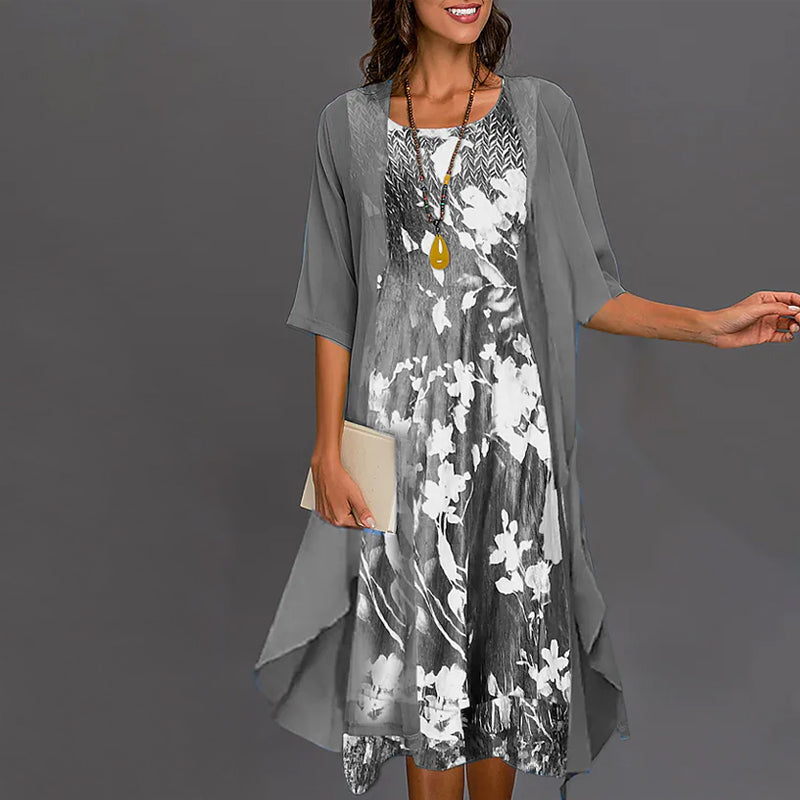 Women Floral Print Two Piece Half Sleeve Midi Dress Set