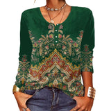 Women Floral Geometric Button Solid Color Long Sleeve T-Shirt
