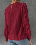 Lantern Sleeve Pleated Crew Neck Solid Long Sleeve Blouse