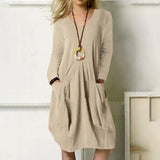 Women Long Sleeve Cotton Linen Pocket Midi Dress Solid Color