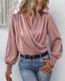 Solid Shirred Cuff Faux Wrap Surplice Neck Lantern SIeeve Blouse