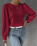 Lantern Sleeve Pleated Crew Neck Solid Long Sleeve Blouse