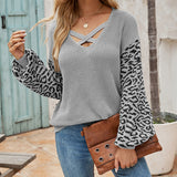 V-Neck Knit Tie-Front Leopard Print Pullover Sweater