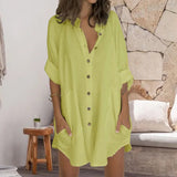 Women Solid Baggy Long Sleeve Shirt Dress Beach Cover Up Loose Button Down Top