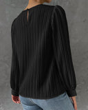 Lantern Sleeve Pleated Crew Neck Solid Long Sleeve Blouse