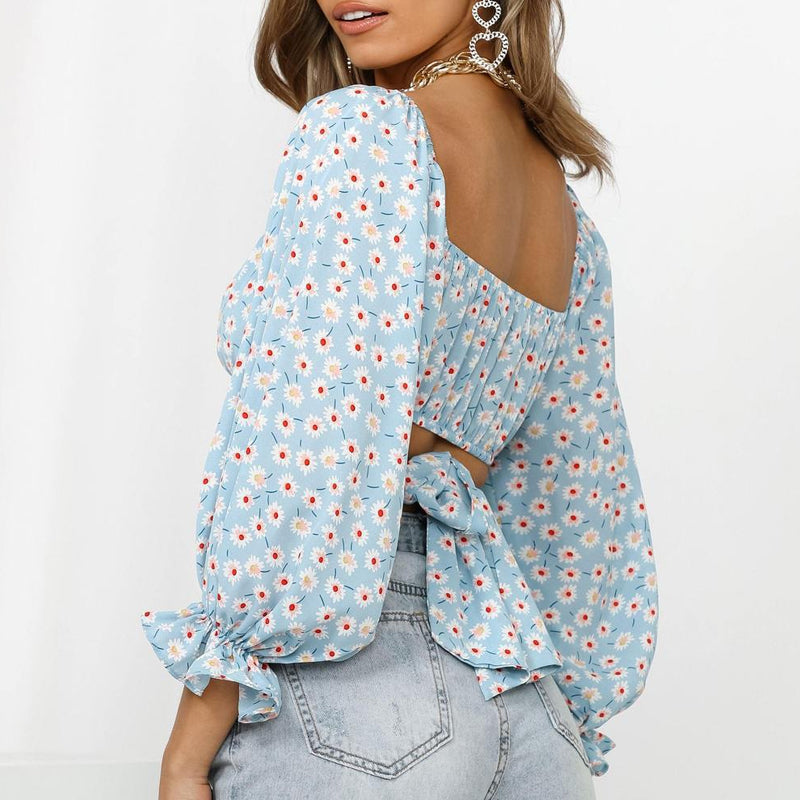 Women's Off Shoulder Floral Print Strappy Crop Top Shirt