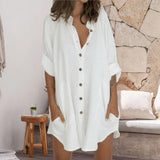 Women Solid Baggy Long Sleeve Shirt Dress Beach Cover Up Loose Button Down Top