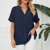 Women Loose Split V-Neck Flowy Plain Short Sleeve