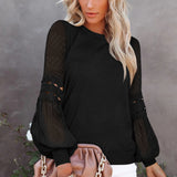 Women's Solid Color Long Cutout Lace Sleeves Round Neck Shirt Top