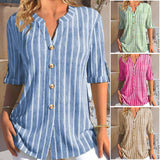 Striped Button Middle Sleeve Casual V Neck Shirt Blouse