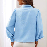 Women Swiss Dot Shirred Lantern Sleeve Lapel Shirt Blouse