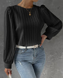 Lantern Sleeve Pleated Crew Neck Solid Long Sleeve Blouse